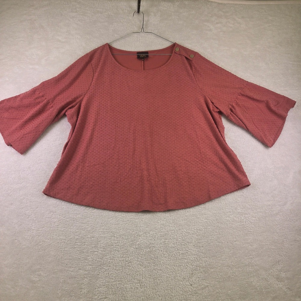 W5 Women Plus 1X Terracotta Swiss Dot Bell Sleeve Button Shoulder Blouse Top